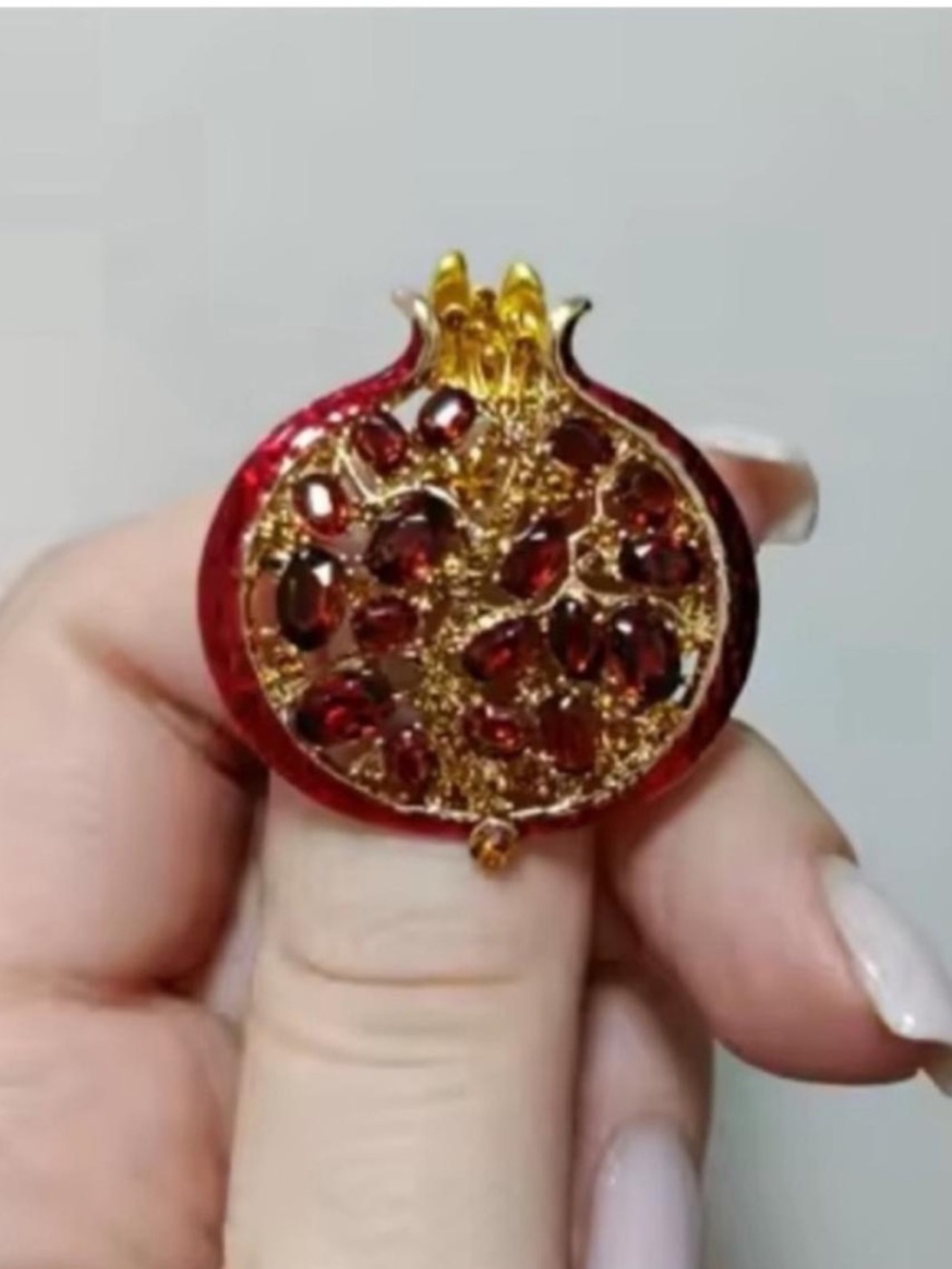 Whimsical Pomegranate Brooch Red Gold Rhinestone Pin - Picture 4 of 6